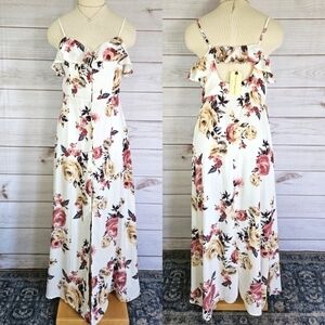 Band of Gypsies Semi Sheer Button Down Maxi Dress in White Floral Sz Large NWT